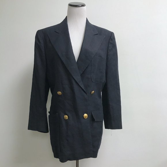 RALPH LAUREN classic black 100% linen double breasted blazer lined 6 gold button